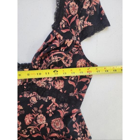 Free People Shirt Womens Medium Black Floral Lace Trim Deep V Neck Y2k Milkmaid - Picture 7 of 13